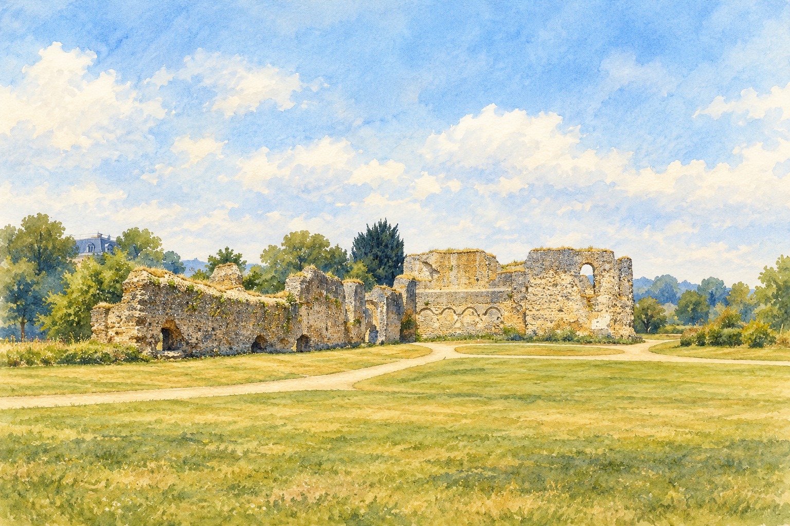 Artist's impression of the ruins of Reading Abbey, with temporary barriers and the setting simplified